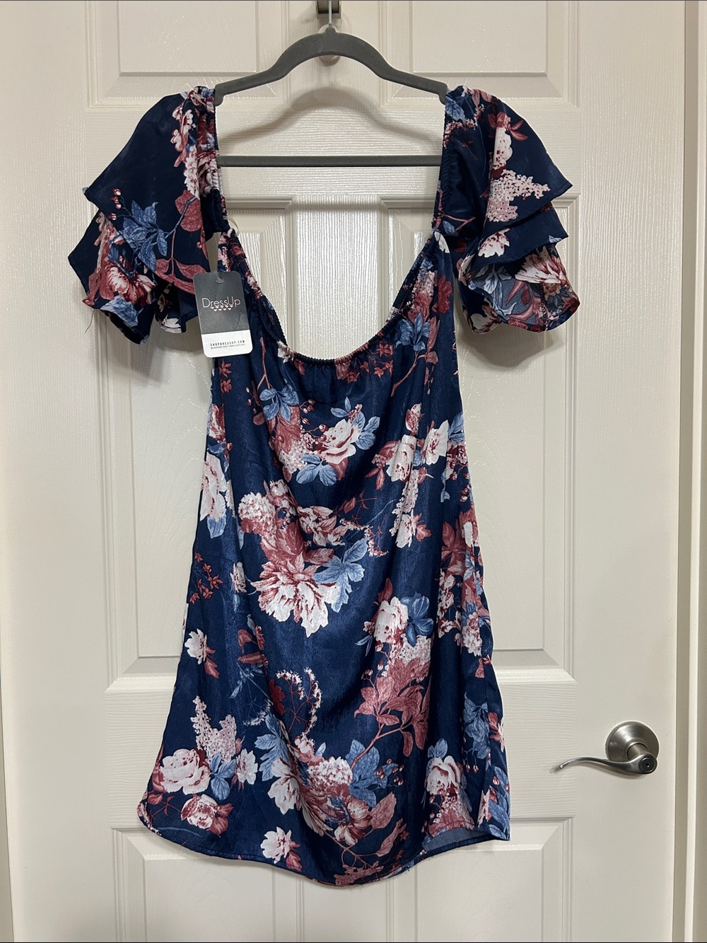 Rokoko by Dazz Navy Floral Ruffle-Sleeve Tunic Satin look and feel